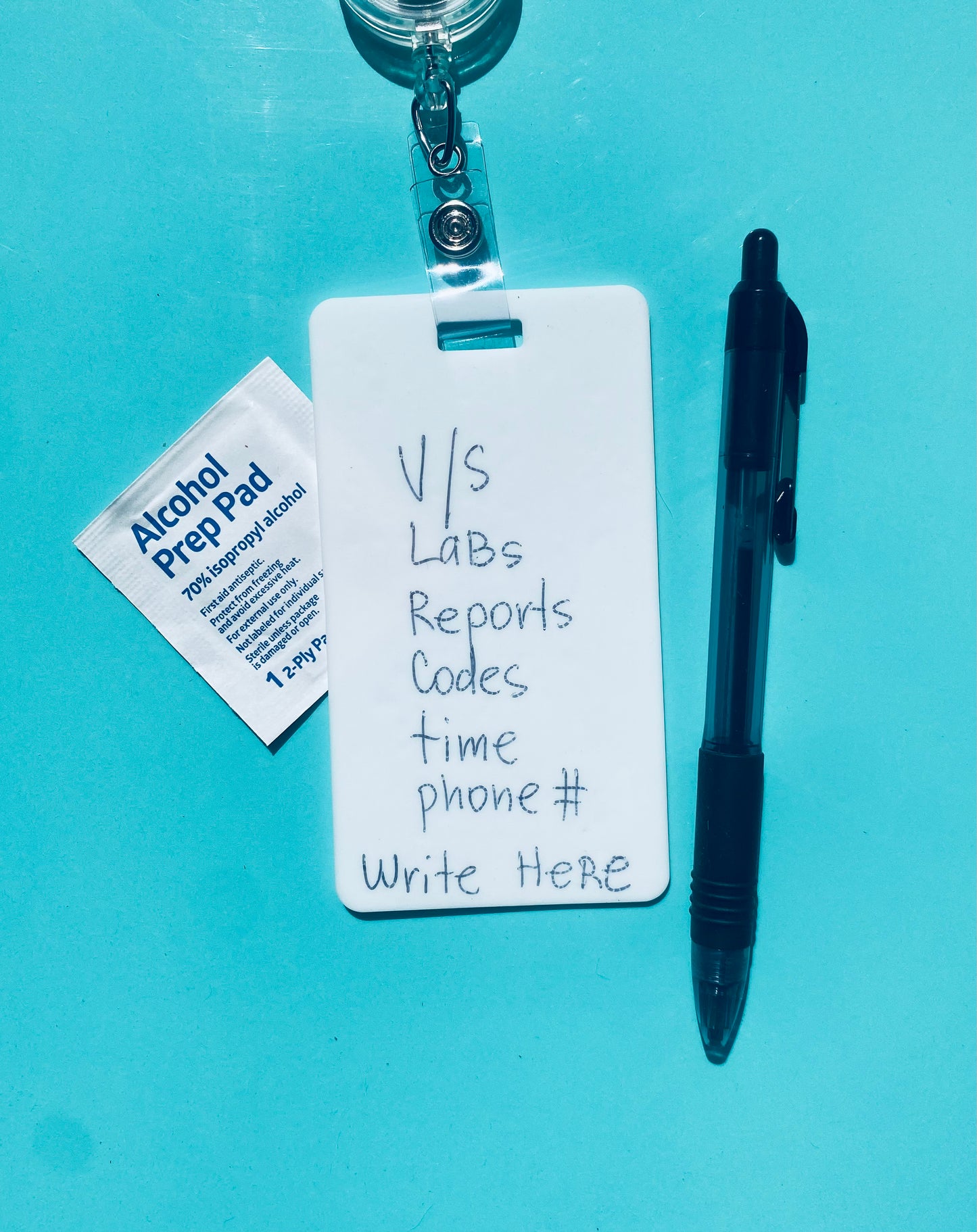 Vertical erasable badge is the perfect pocket-sized accessory for healthcare professionals. Easily write on it with ballpoint pen, wipe it clean with alcohol pad, and reuse. Made of lightweight soft silicone, it's a nurse's essential for taking notes on the go. Attach it to your ID badge for convenience. ATTENTION: Gel & super smooth/colored ink will smudge and may leave faint stains. www.badgenote.com