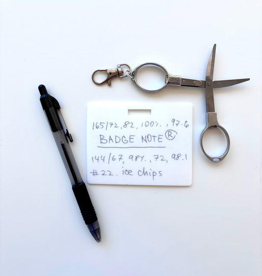 This practical badge note bundle pairs a horizontal design with a ballpoint pen (black ink) and compact folded scissors—ideal for healthcare professionals, educators, and office environments. The reusable surface accepts standard ballpoint ink and wipes clean with an alcohol pad for repeated use. Note that gel and certain smooth ballpoint formulations may leave residual marks; we recommend testing your preferred pen before regular use to ensure optimal performance and appearance.