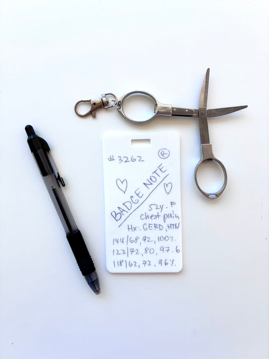Bundle Vertical set BADGE NOTE®, ballpoint pen, mini scissors. www.badgenotecom