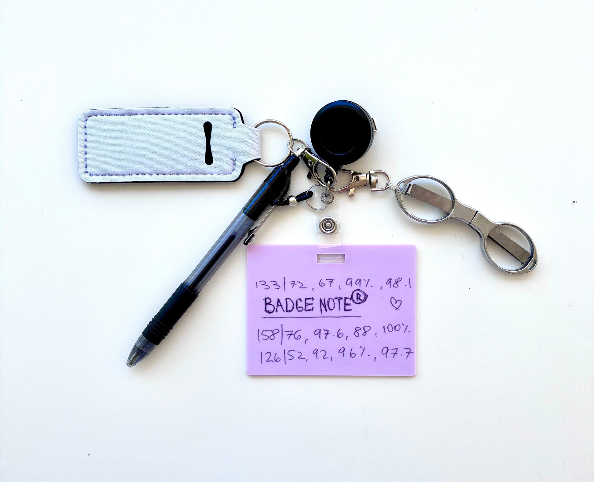 Erasable, reusable badge note with mini scissors, ballpoint pen, chapstick holder all attached to badge reel. Complete set gift idea for healthcare professionals, educators, office staff and more. BADGENOTE.COM