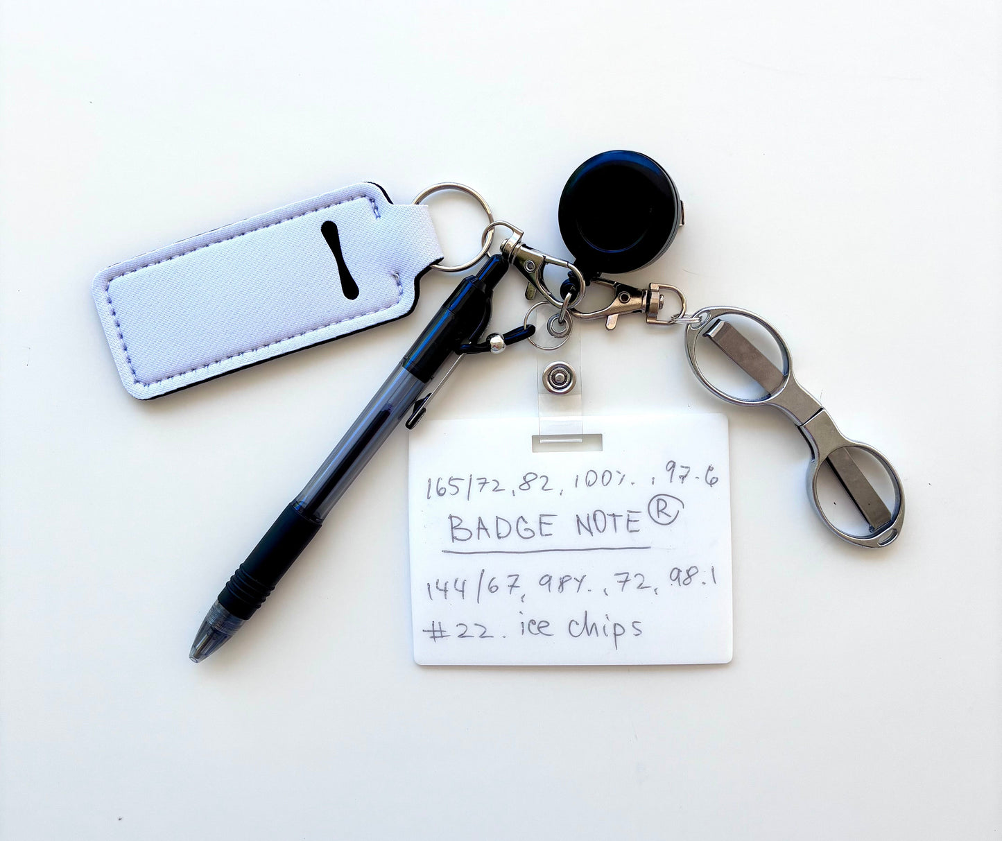 Erasable, reusable badge note with mini scissors, ballpoint pen, chapstick holder all attached to badge reel. Complete set gift idea for healthcare professionals, educators, office staff and more.BADGENOTE.COM