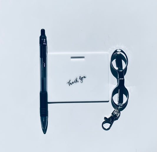 Ballpoint Zebra pen (black ink), horizontal badge note, mimi folded scissors. www.badgenote.com   