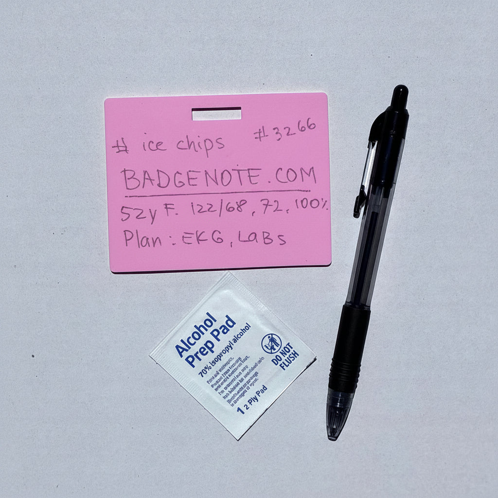 Ballpoint pen included. Horizontal erasable badge is the perfect pocket-sized accessory for healthcare professionals. Easily write on it with ballpoint pen, wipe it clean with alcohol pad, and reuse. Made of lightweight soft silicone, it's a nurse's essential for taking notes on the go. Attach it to your ID badge for convenience. ATTENTION: Gel &amp; super smooth/colored ink will smudge and may leave faint stains.