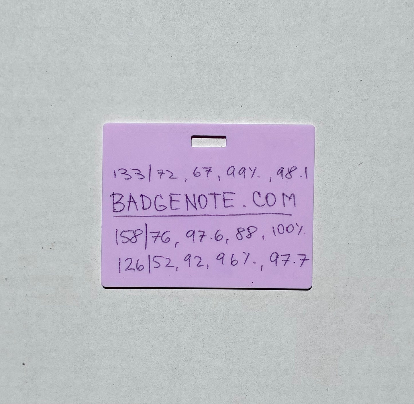 BADGENOTE.COM Horizontal erasable badge is the perfect pocket-sized accessory for healthcare professionals. Easily write on it with ballpoint pen, wipe it clean with alcohol pad, and reuse. Made of lightweight soft silicone, it's a nurse's essential for taking notes on the go. Attach it to your ID badge for convenience. ATTENTION: Gel &amp; super smooth ink will smudge and will leave faint stains.