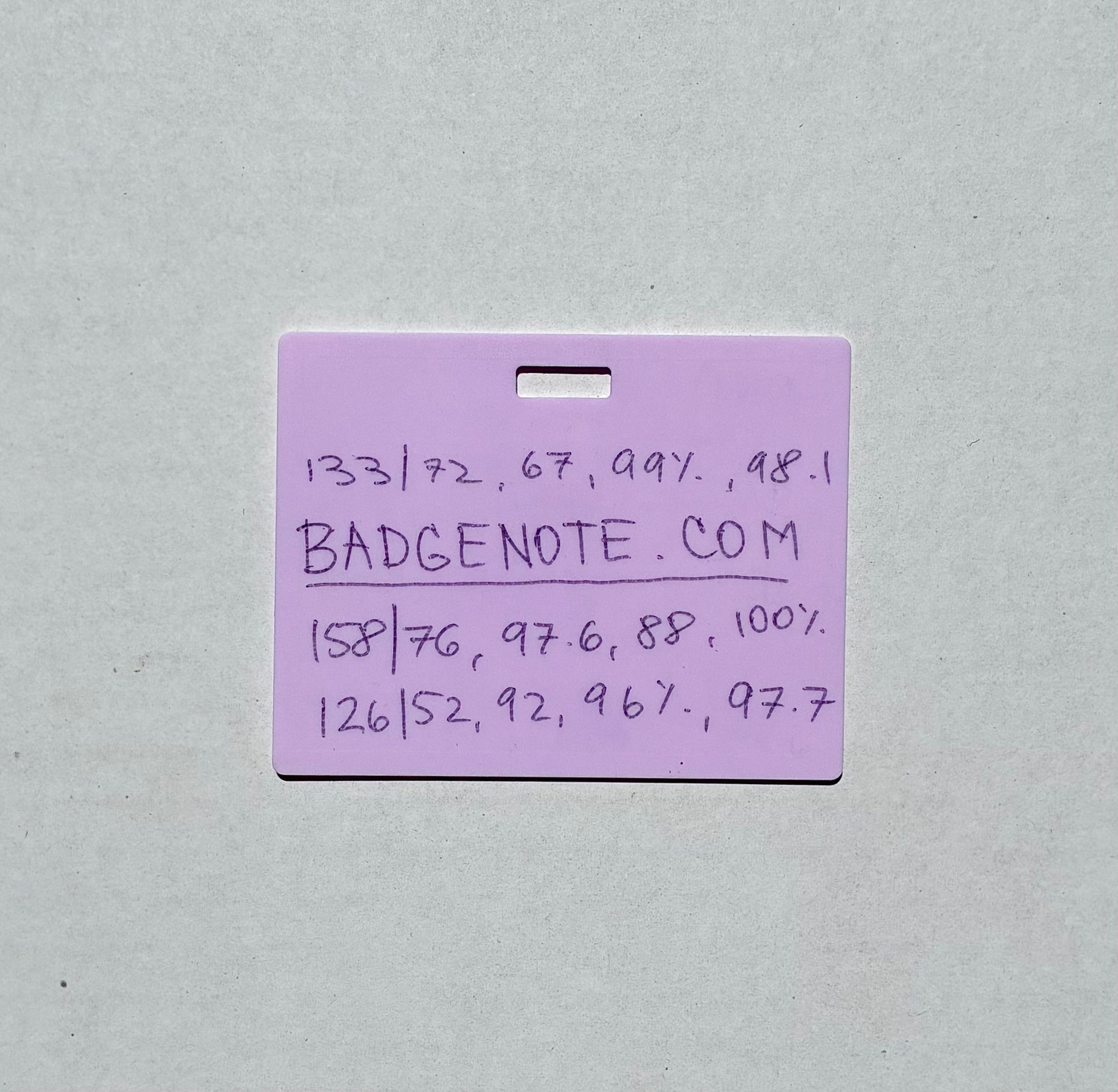 BADGENOTE.COM Horizontal erasable badge is the perfect pocket-sized accessory for healthcare professionals. Easily write on it with ballpoint pen, wipe it clean with alcohol pad, and reuse. Made of lightweight soft silicone, it's a nurse's essential for taking notes on the go. Attach it to your ID badge for convenience. ATTENTION: Gel &amp; super smooth ink will smudge and will leave faint stains.