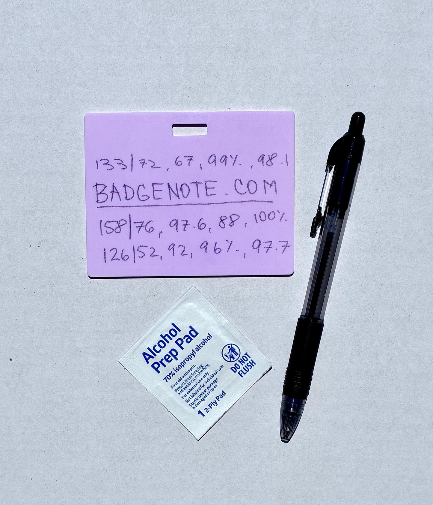 Ballpoint pen included. Horizontal erasable badge is the perfect pocket-sized accessory for healthcare professionals. Easily write on it with ballpoint pen, wipe it clean with alcohol pad, and reuse. Made of lightweight soft silicone, it's a nurse's essential for taking notes on the go. Attach it to your ID badge for convenience. ATTENTION: Gel &amp; super smooth/colored ink will smudge and may leave faint stains.