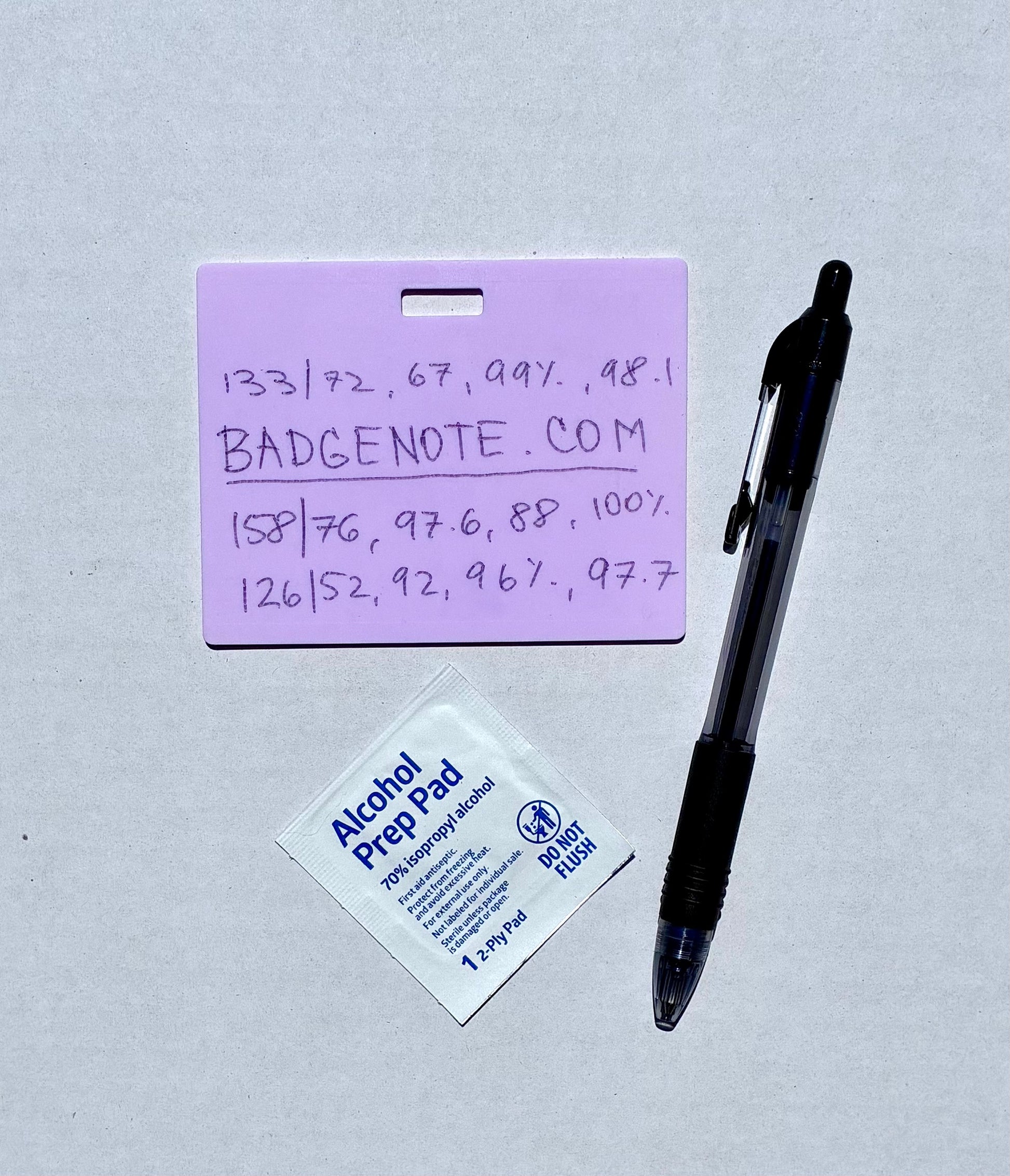 Ballpoint pen included. Horizontal erasable badge is the perfect pocket-sized accessory for healthcare professionals. Easily write on it with ballpoint pen, wipe it clean with alcohol pad, and reuse. Made of lightweight soft silicone, it's a nurse's essential for taking notes on the go. Attach it to your ID badge for convenience. ATTENTION: Gel &amp; super smooth/colored ink will smudge and may leave faint stains.