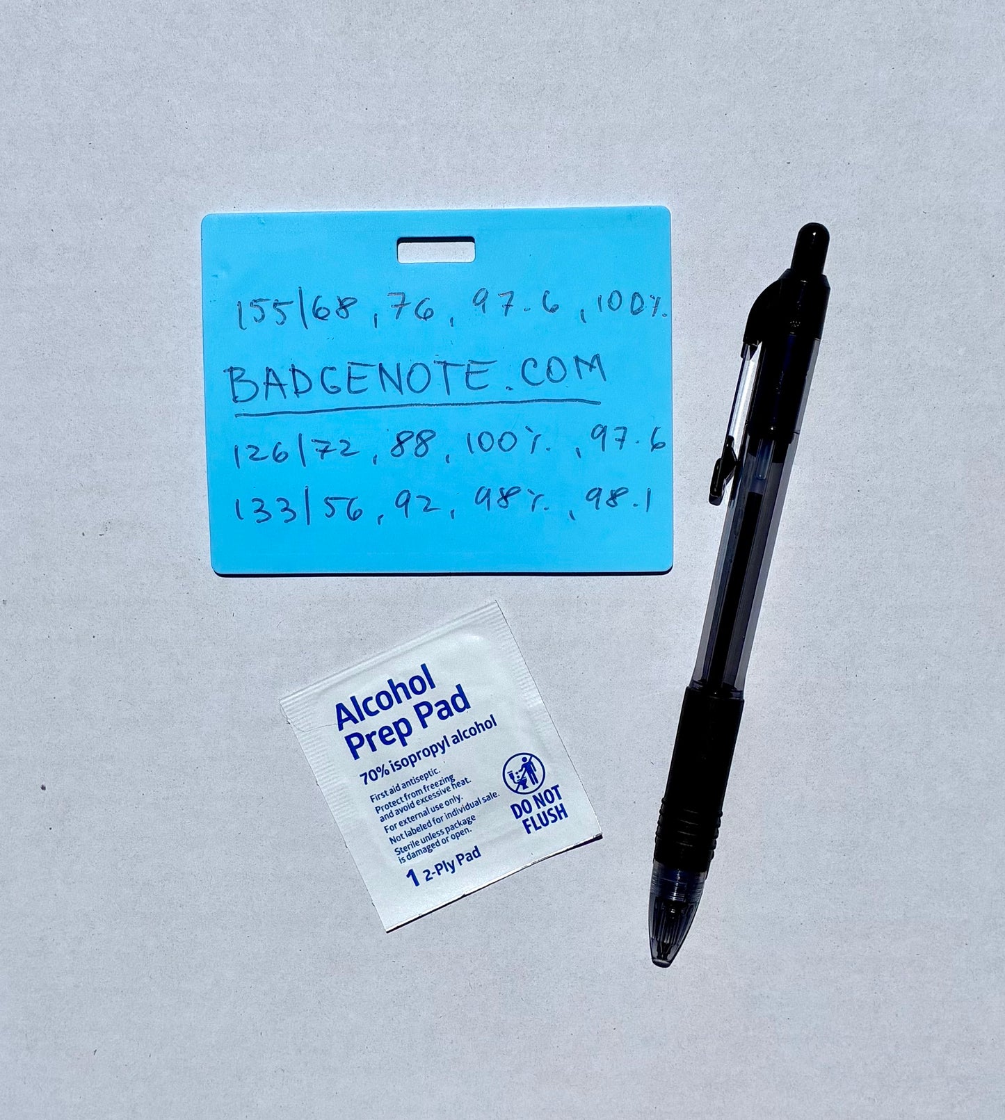 Ballpoint pen included. Horizontal erasable badge is the perfect pocket-sized accessory for healthcare professionals. Easily write on it with ballpoint pen, wipe it clean with alcohol pad, and reuse. Made of lightweight soft silicone, it's a nurse's essential for taking notes on the go. Attach it to your ID badge for convenience. ATTENTION: Gel &amp; super smooth/colored ink will smudge and may leave faint stains.