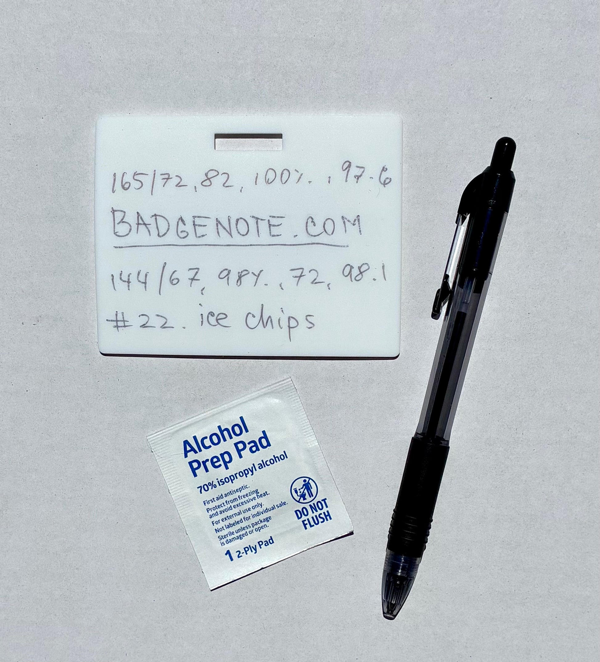Ballpoint pen included. Horizontal erasable badge is the perfect pocket-sized accessory for healthcare professionals. Easily write on it with ballpoint pen, wipe it clean with alcohol pad, and reuse. Made of lightweight soft silicone, it's a nurse's essential for taking notes on the go. Attach it to your ID badge for convenience. ATTENTION: Gel &amp; super smooth/colored ink will smudge and may leave faint stains.