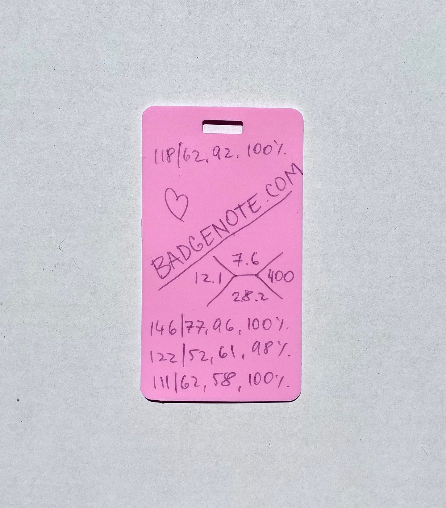 BADGENOTE.COM Vertical erasable badge is the perfect pocket-sized accessory for healthcare professionals. Easily write on it with ballpoint pen, wipe it clean with alcohol pad, and reuse. Made of lightweight soft silicone, it's a nurse's essential for taking notes on the go. Attach it to your ID badge for convenience. ATTENTION: Gel &amp; super smooth/colored ink will smudge and may leave faint stains.