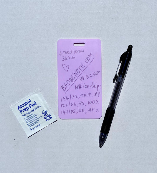 Ballpoint pen included. Vertical erasable badge is the perfect pocket-sized accessory for healthcare professionals. Easily write on it with ballpoint pen, wipe it clean with alcohol pad, and reuse. Made of lightweight soft silicone, it's a nurse's essential for taking notes on the go. Attach it to your ID badge for convenience. ATTENTION: Gel &amp; super smooth/colored ink will smudge and may leave faint stains. BADGENOTE.COM