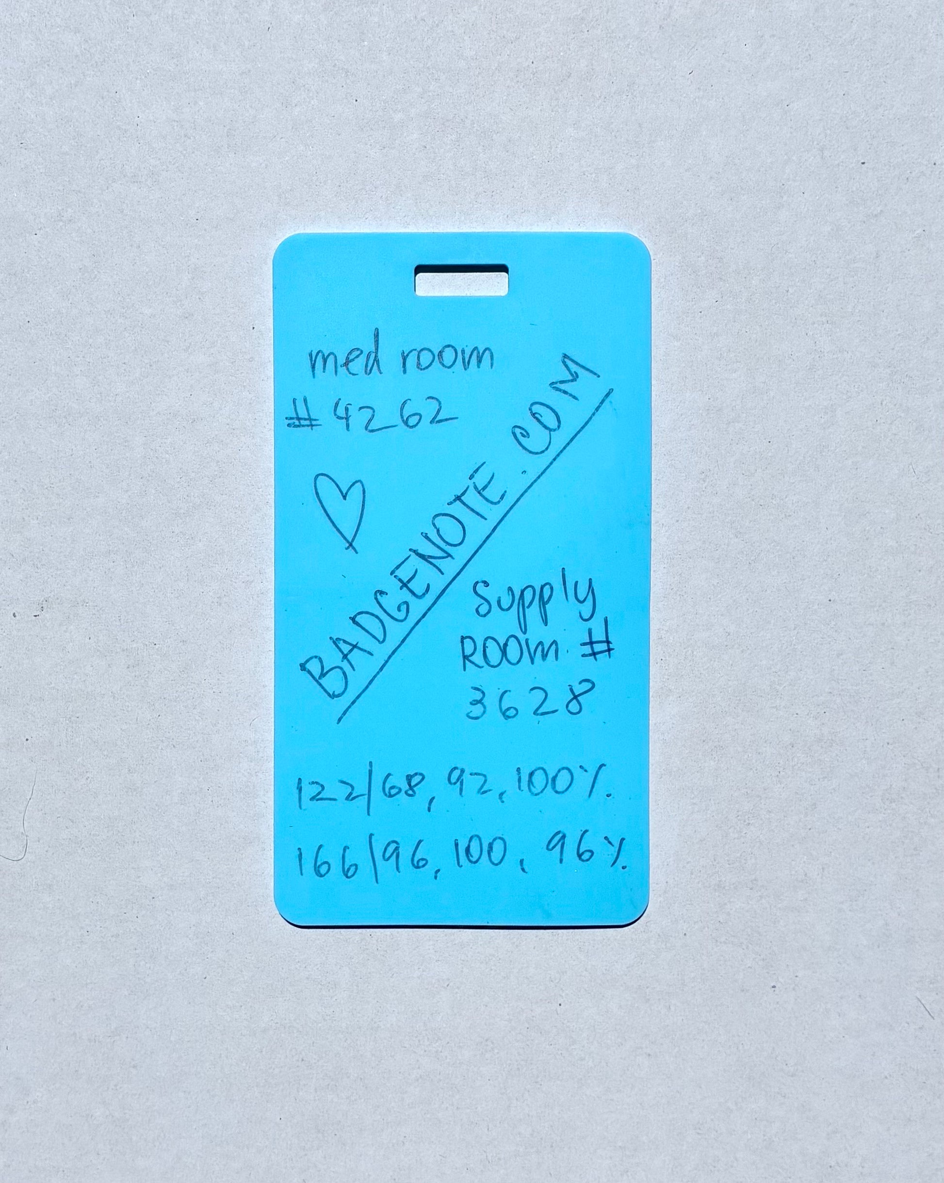 BADGENOTE.COM Vertical erasable badge is the perfect pocket-sized accessory for healthcare professionals. Easily write on it with ballpoint pen, wipe it clean with alcohol pad, and reuse. Made of lightweight soft silicone, it's a nurse's essential for taking notes on the go. Attach it to your ID badge for convenience. ATTENTION: Gel &amp; super smooth/colored ink will smudge and may leave faint stains.