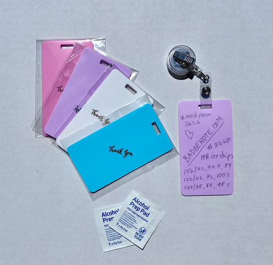 BADGENOTE.COM Vertical erasable badge is the perfect pocket-sized accessory for healthcare professionals. Easily write on it with ballpoint pen, wipe it clean with alcohol pad, and reuse. Made of lightweight soft silicone, it's a nurse's essential for taking notes on the go. Attach it to your ID badge for convenience. ATTENTION: Gel &amp; super smooth/colored ink will smudge and may leave faint stains.